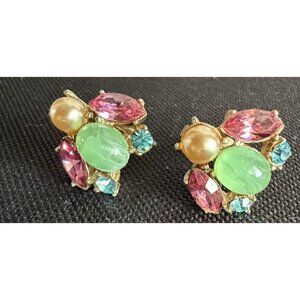 Coro Screwback Earrings Fruit Salad Pink Green Blue Faux Pearl Bug